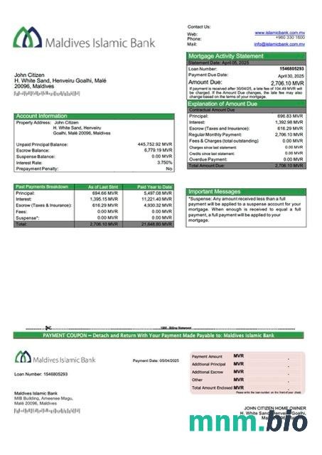 Malediwy Bank Islamski wyciąg z kredytu hipotecznego szablon Word i PDF
